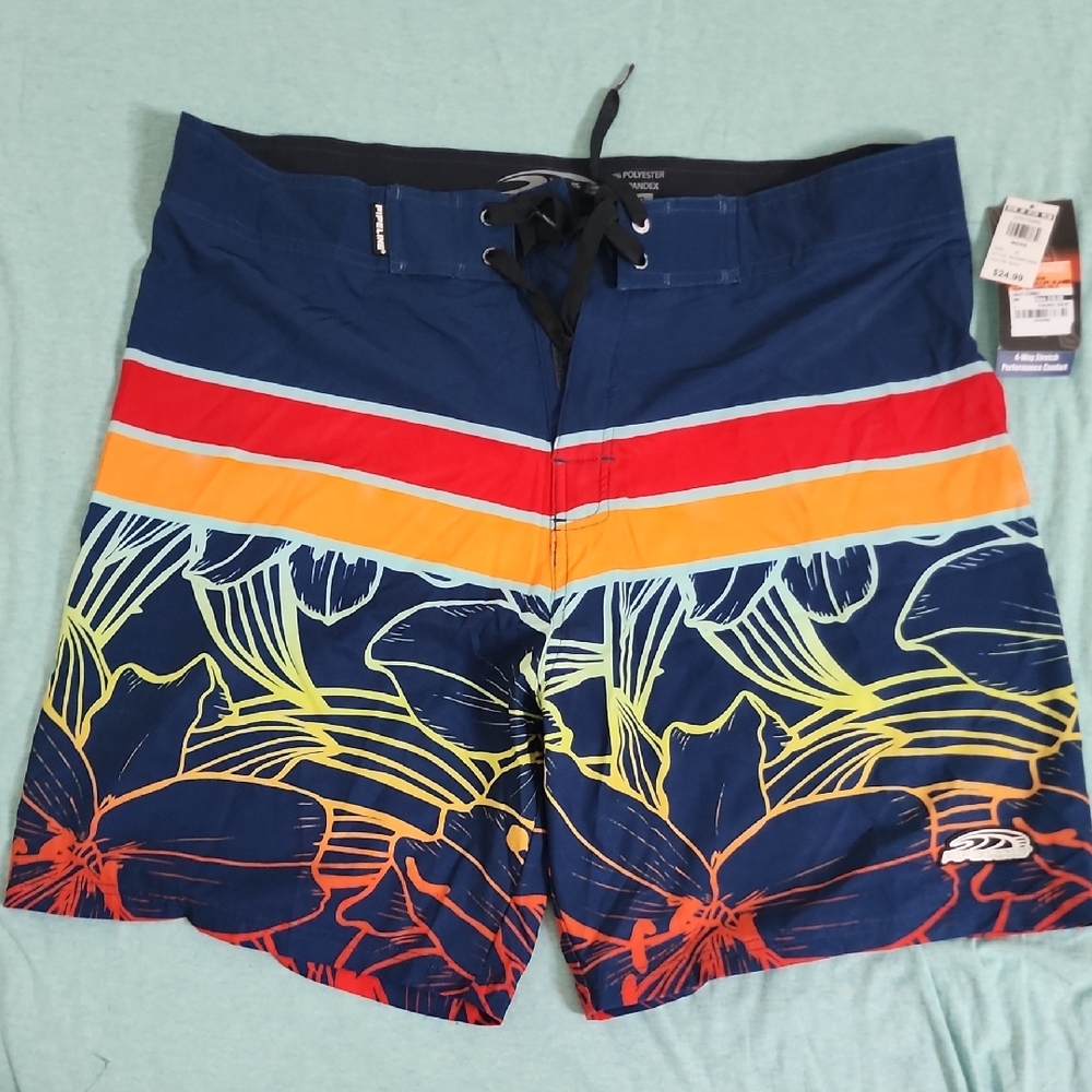 Navy Floral Board Shorts with Red and Yellow Accents